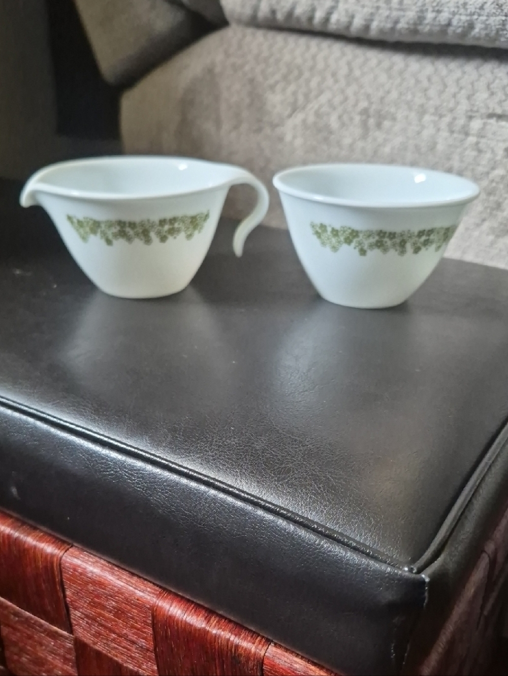 Vintage Corelle White Creamer and Sugar Bowl with Green Crazy Daisy Pattern